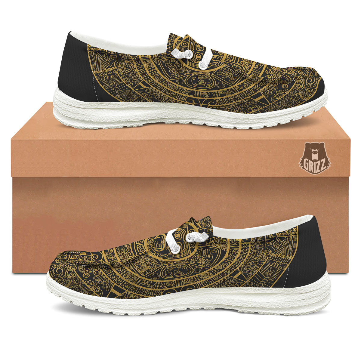 Maya Calendar Yellow And Black Print White Loafers-grizzshop