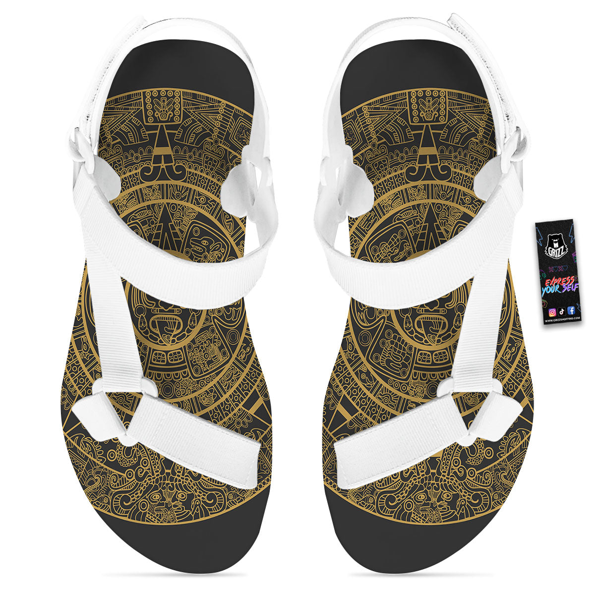 Maya Calendar Yellow And Black Print White Open Toe Sandals-grizzshop