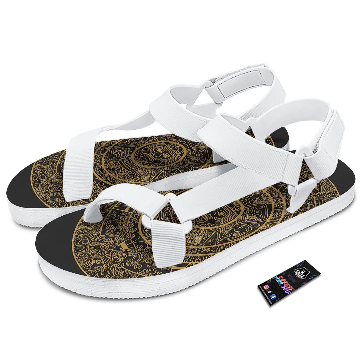 Maya Calendar Yellow And Black Print White Open Toe Sandals-grizzshop
