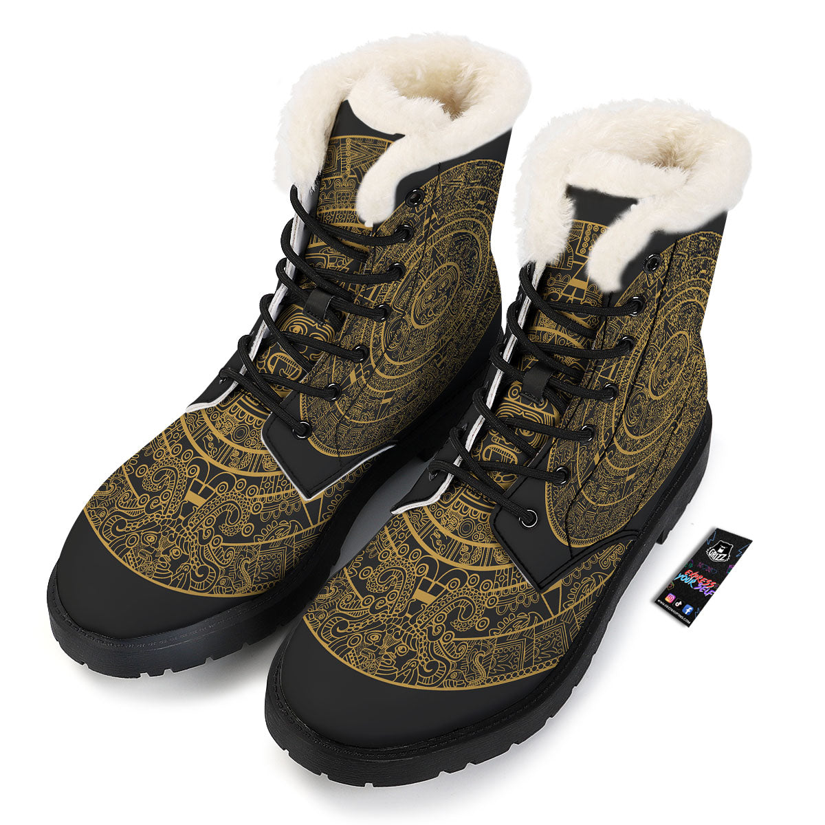 Maya Calendar Yellow And Black Print Winter Boots-grizzshop