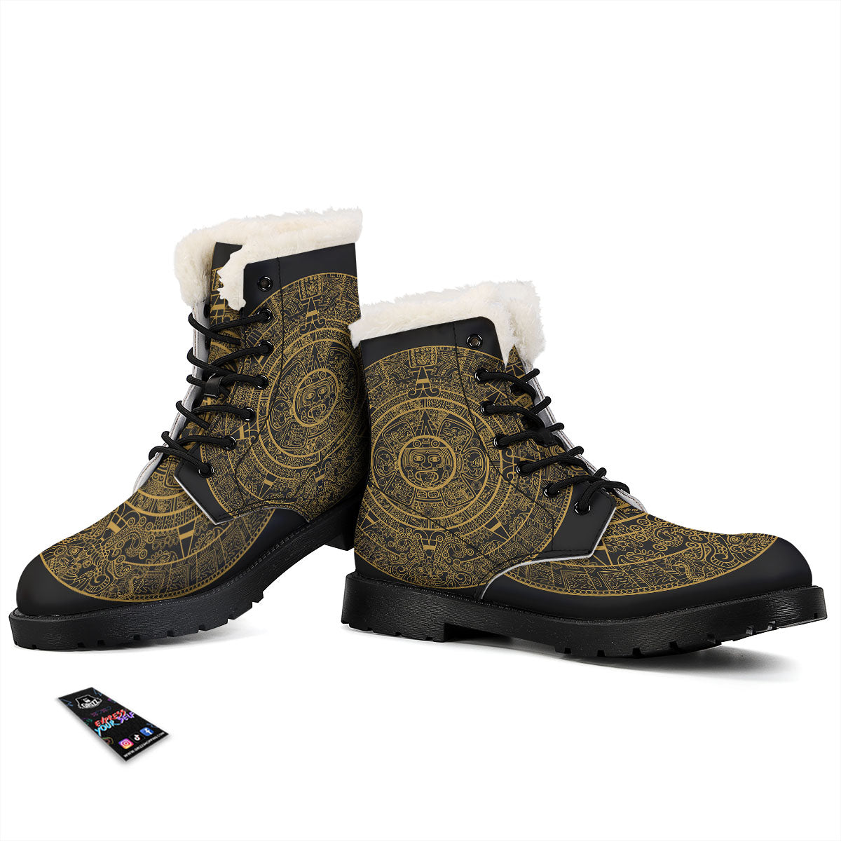 Maya Calendar Yellow And Black Print Winter Boots-grizzshop