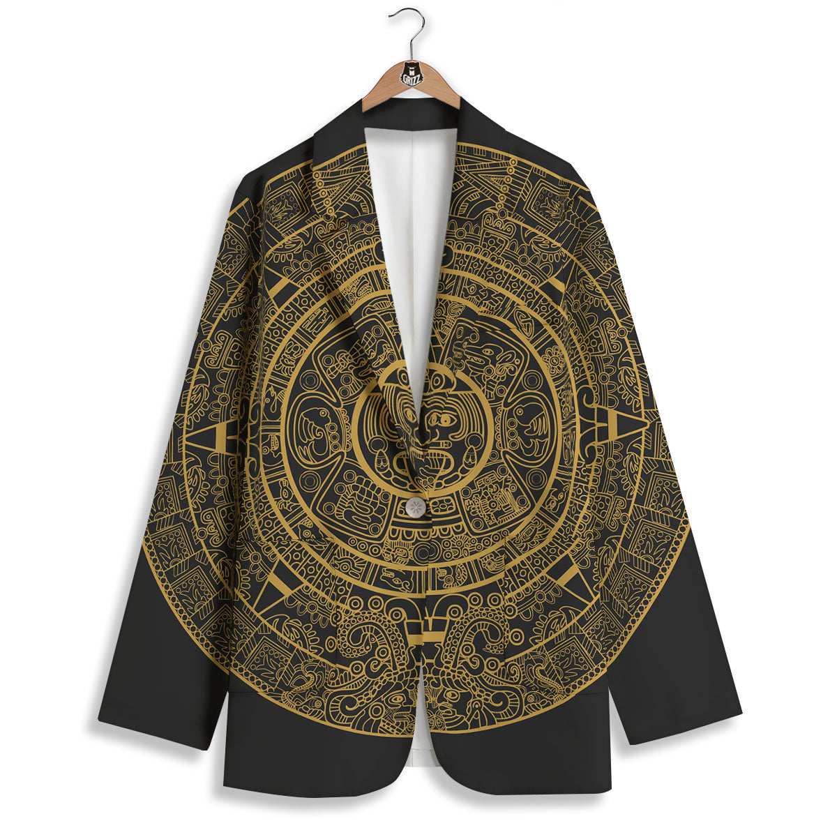 Maya Calendar Yellow And Black Print Women's Blazer-grizzshop