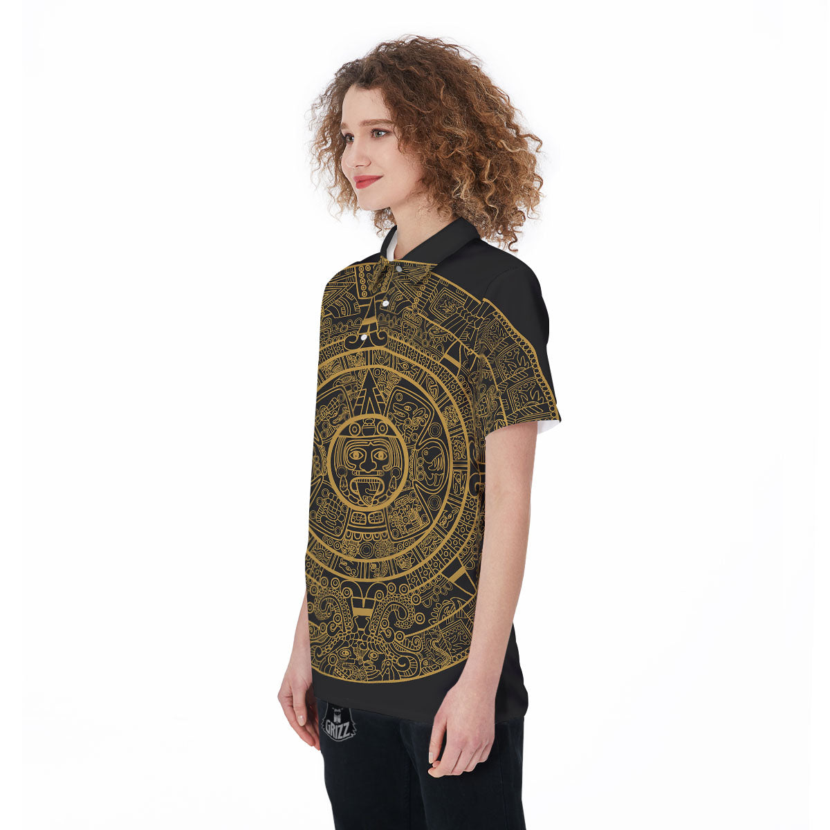 Maya Calendar Yellow And Black Print Women's Golf Shirts-grizzshop
