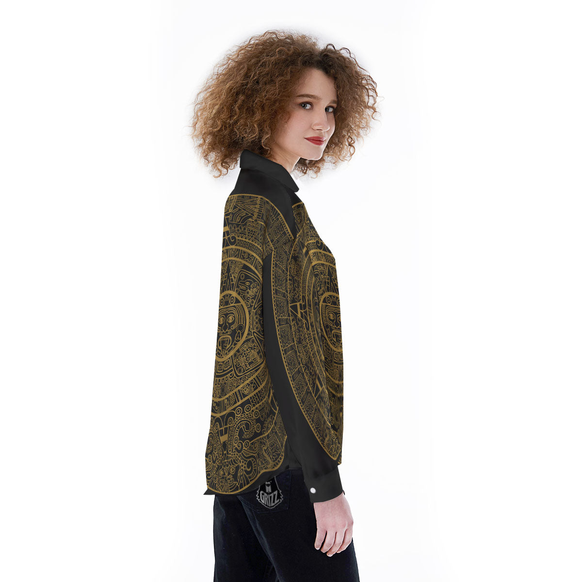 Maya Calendar Yellow And Black Print Women's Long Sleeve Shirts-grizzshop