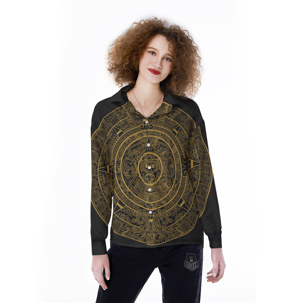 Maya Calendar Yellow And Black Print Women's Long Sleeve Shirts-grizzshop
