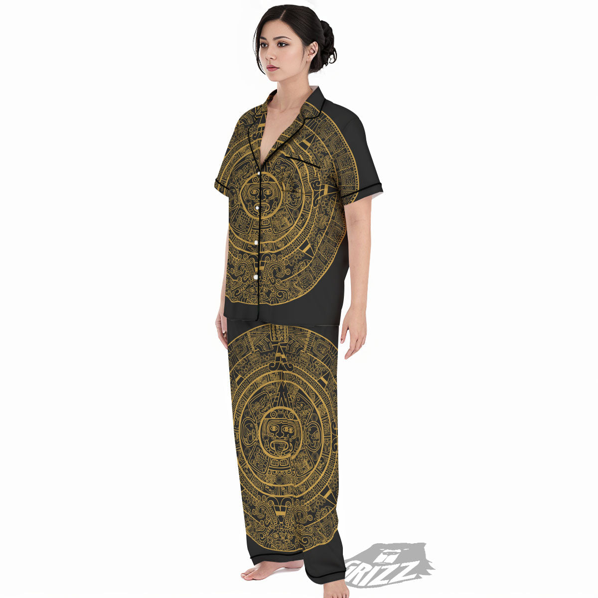 Maya Calendar Yellow And Black Print Women's Pajamas Set-grizzshop