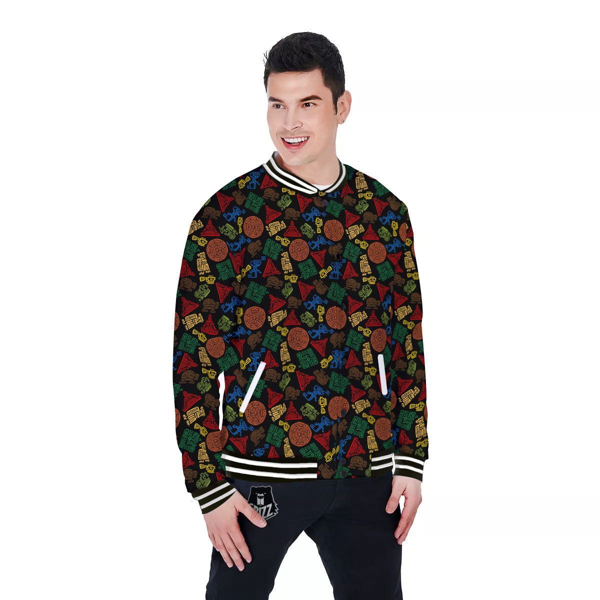 Maya Colorful Print Pattern Baseball Jacket-grizzshop