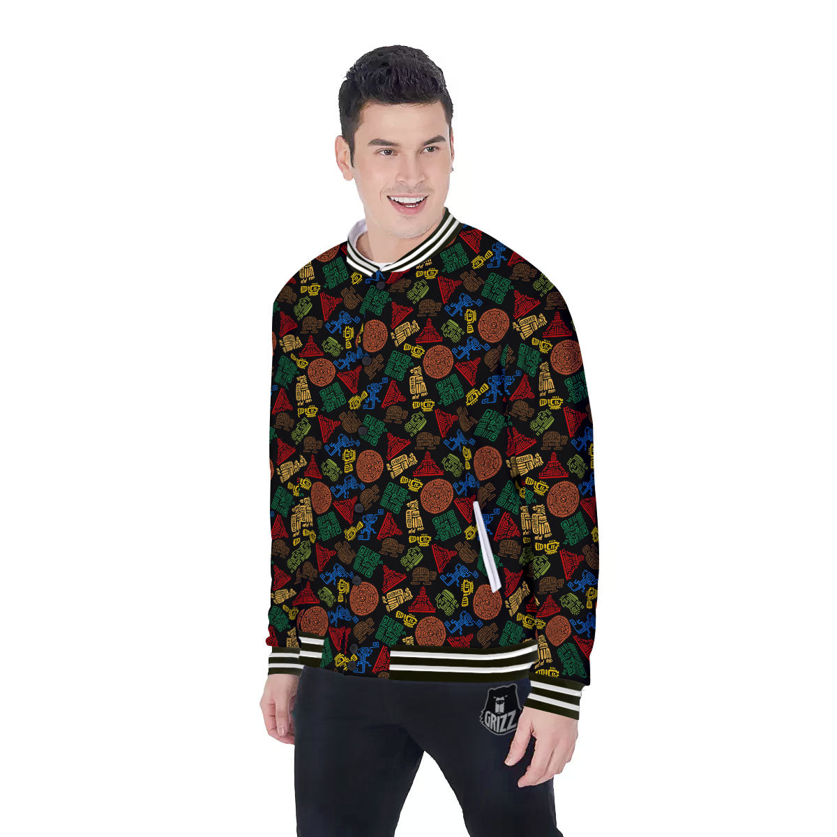 Maya Colorful Print Pattern Baseball Jacket-grizzshop