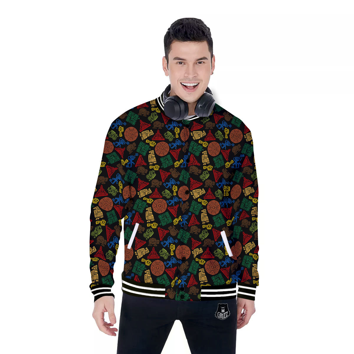 Maya Colorful Print Pattern Baseball Jacket-grizzshop