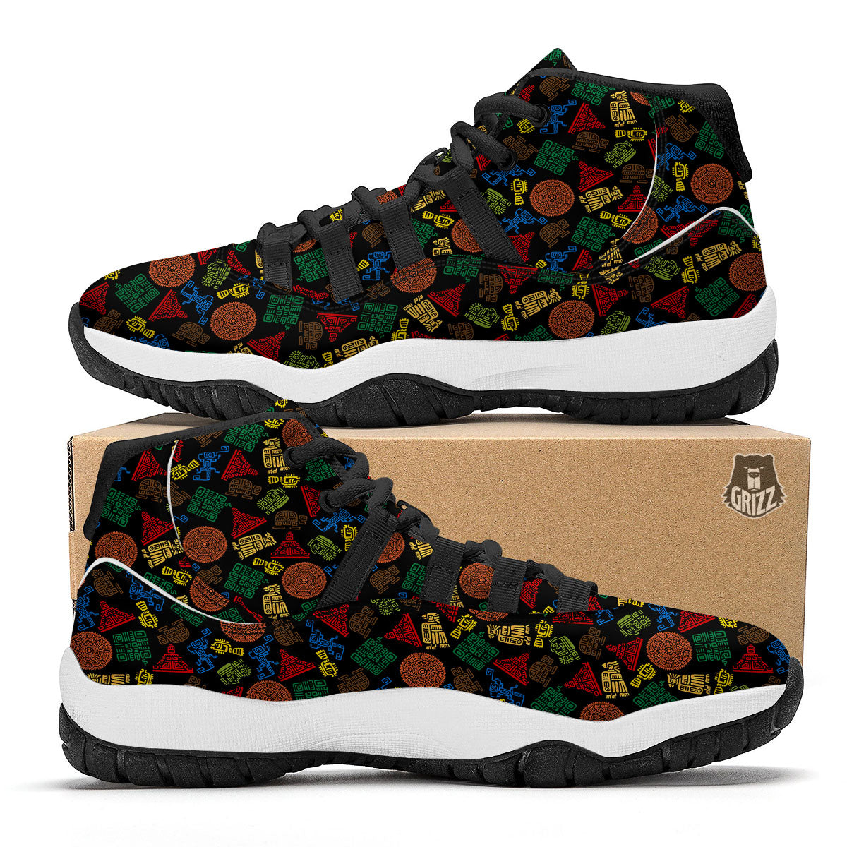Maya Colorful Print Pattern Black Bball Shoes-grizzshop