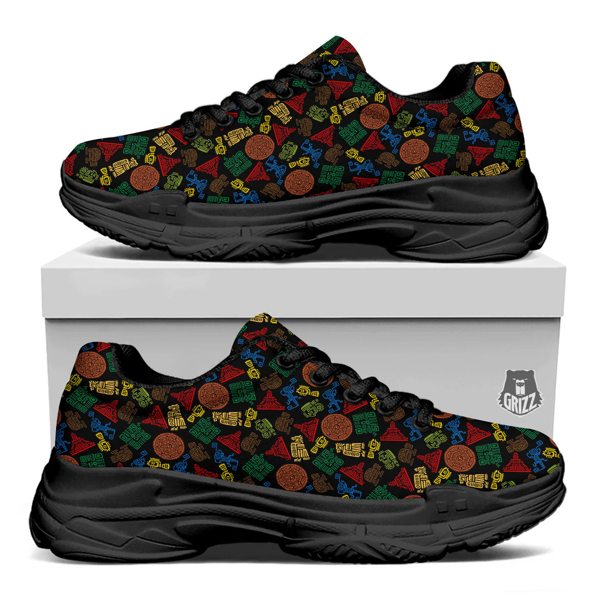 Maya Colorful Print Pattern Black Chunky Shoes-grizzshop