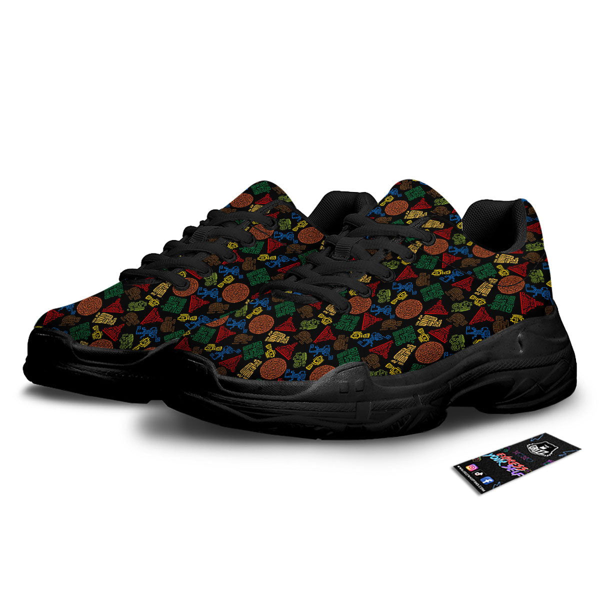 Maya Colorful Print Pattern Black Chunky Shoes-grizzshop