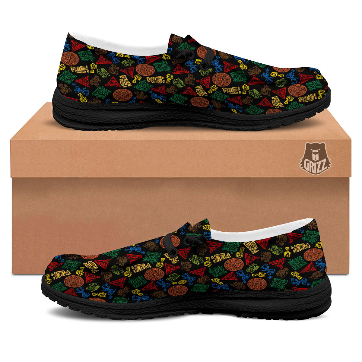 Maya Colorful Print Pattern Black Loafers-grizzshop
