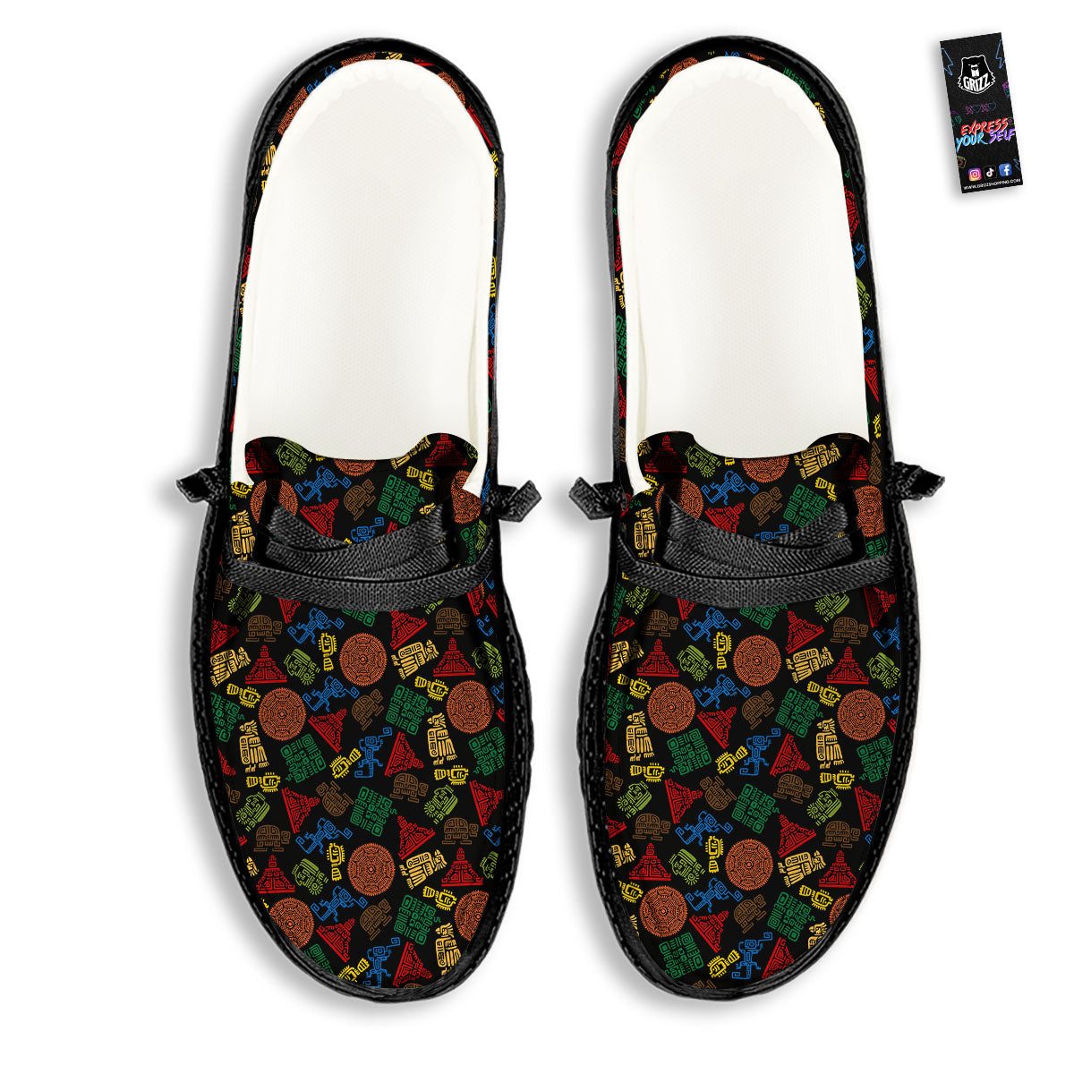 Maya Colorful Print Pattern Black Loafers-grizzshop