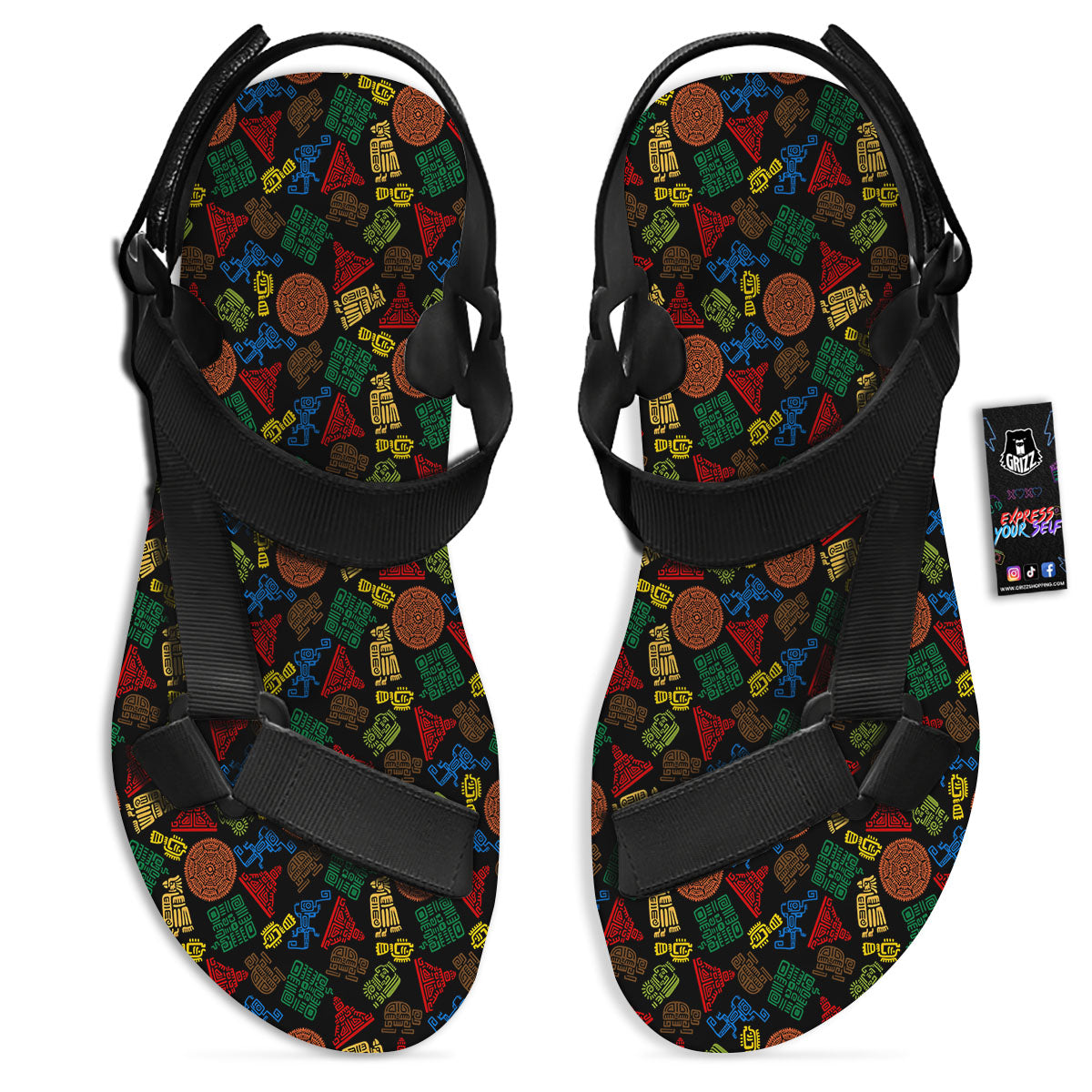 Maya Colorful Print Pattern Black Open Toe Sandals-grizzshop