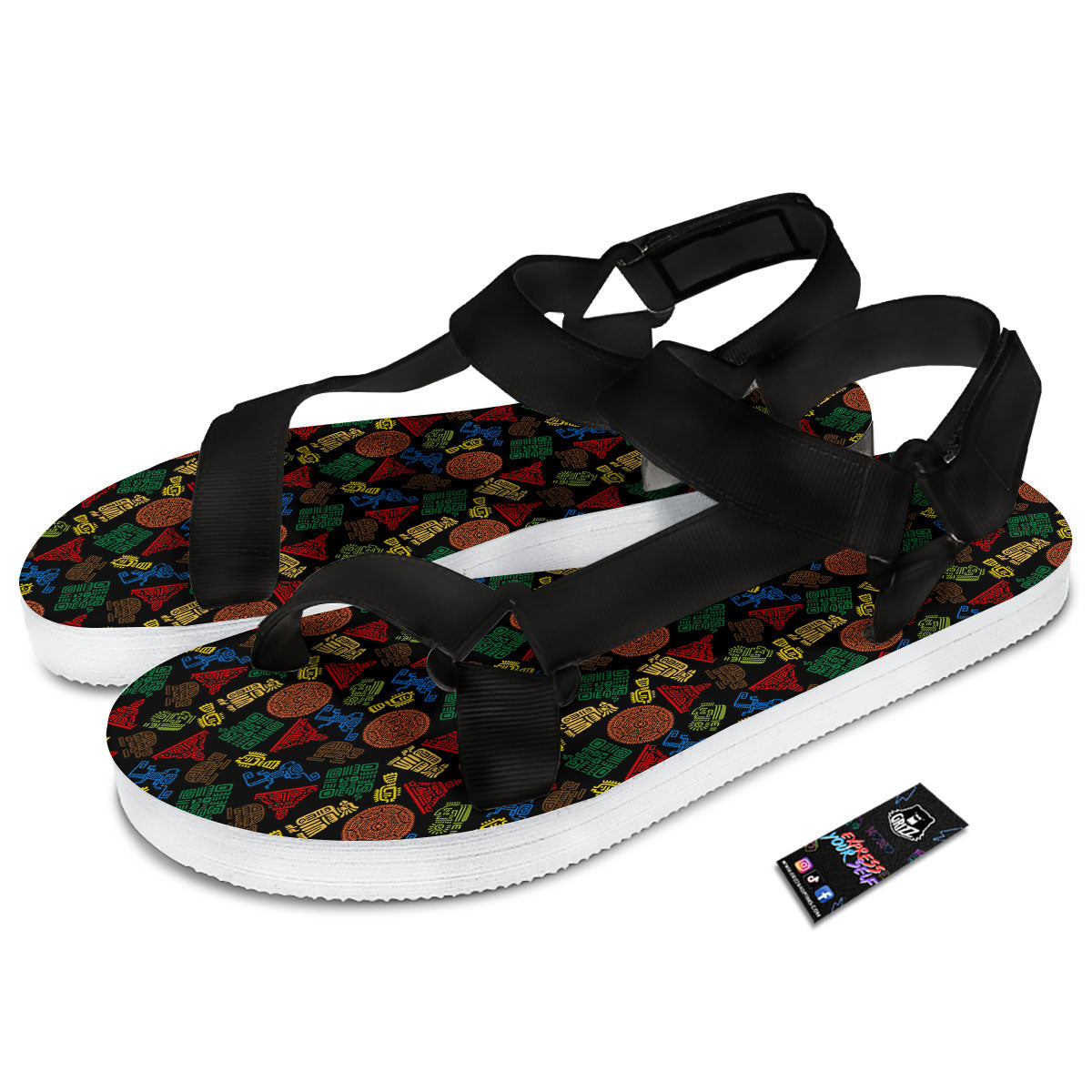 Maya Colorful Print Pattern Black Open Toe Sandals-grizzshop