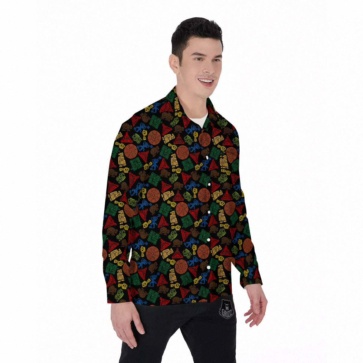 Maya Colorful Print Pattern Men's Long Sleeve Shirts-grizzshop