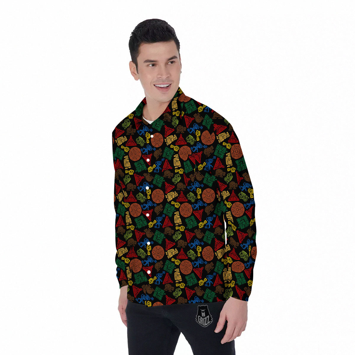 Maya Colorful Print Pattern Men's Long Sleeve Shirts-grizzshop