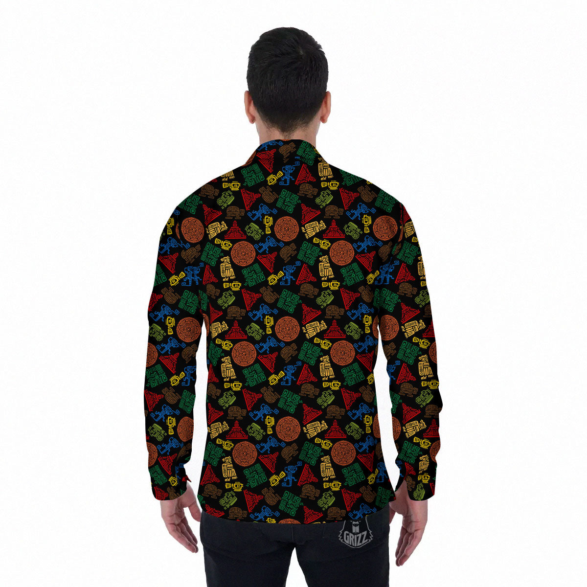 Maya Colorful Print Pattern Men's Long Sleeve Shirts-grizzshop