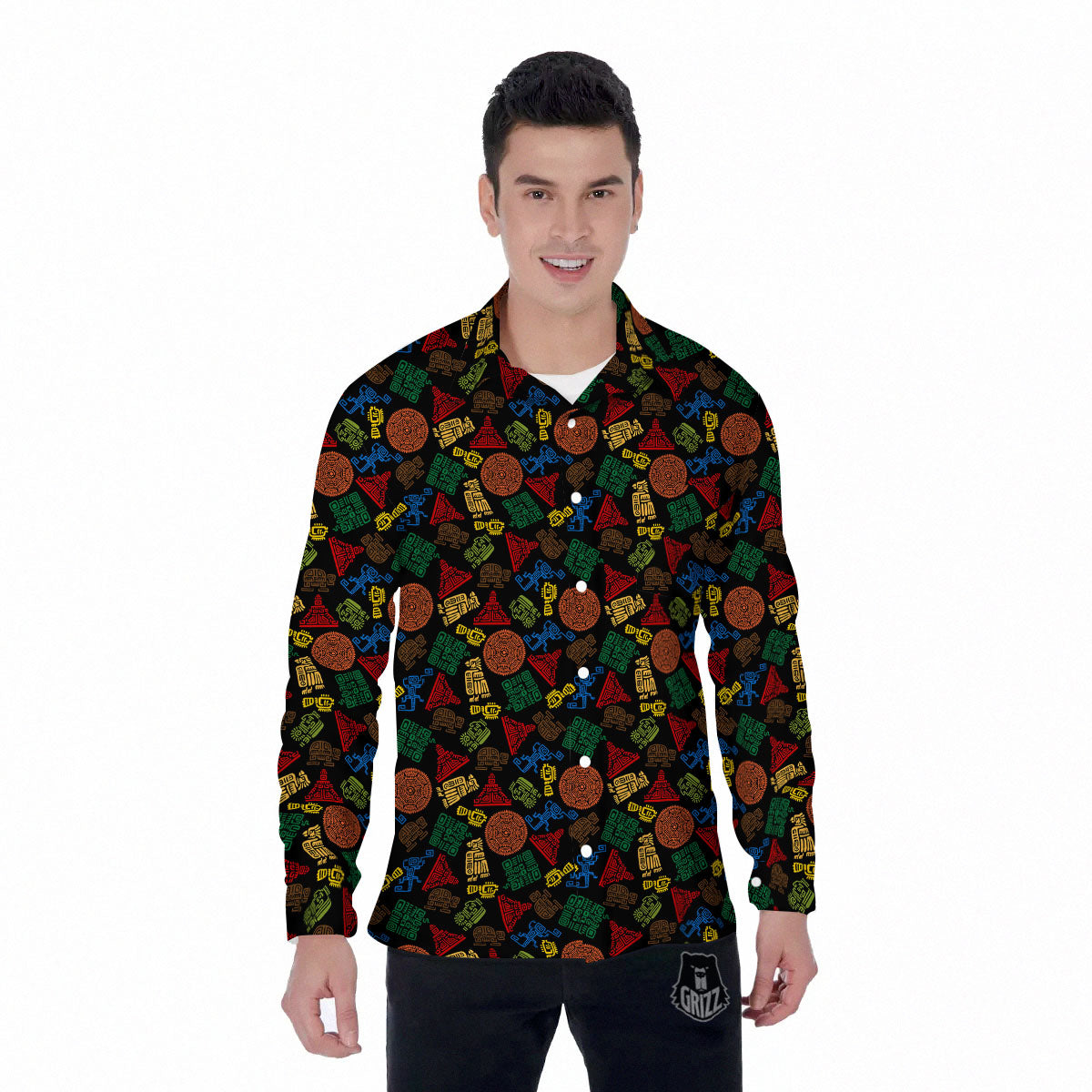 Maya Colorful Print Pattern Men's Long Sleeve Shirts-grizzshop