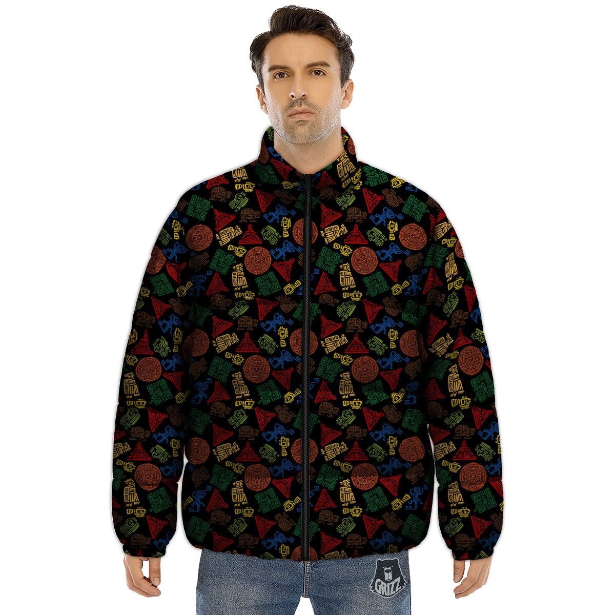 Maya Colorful Print Pattern Puffer Jacket-grizzshop