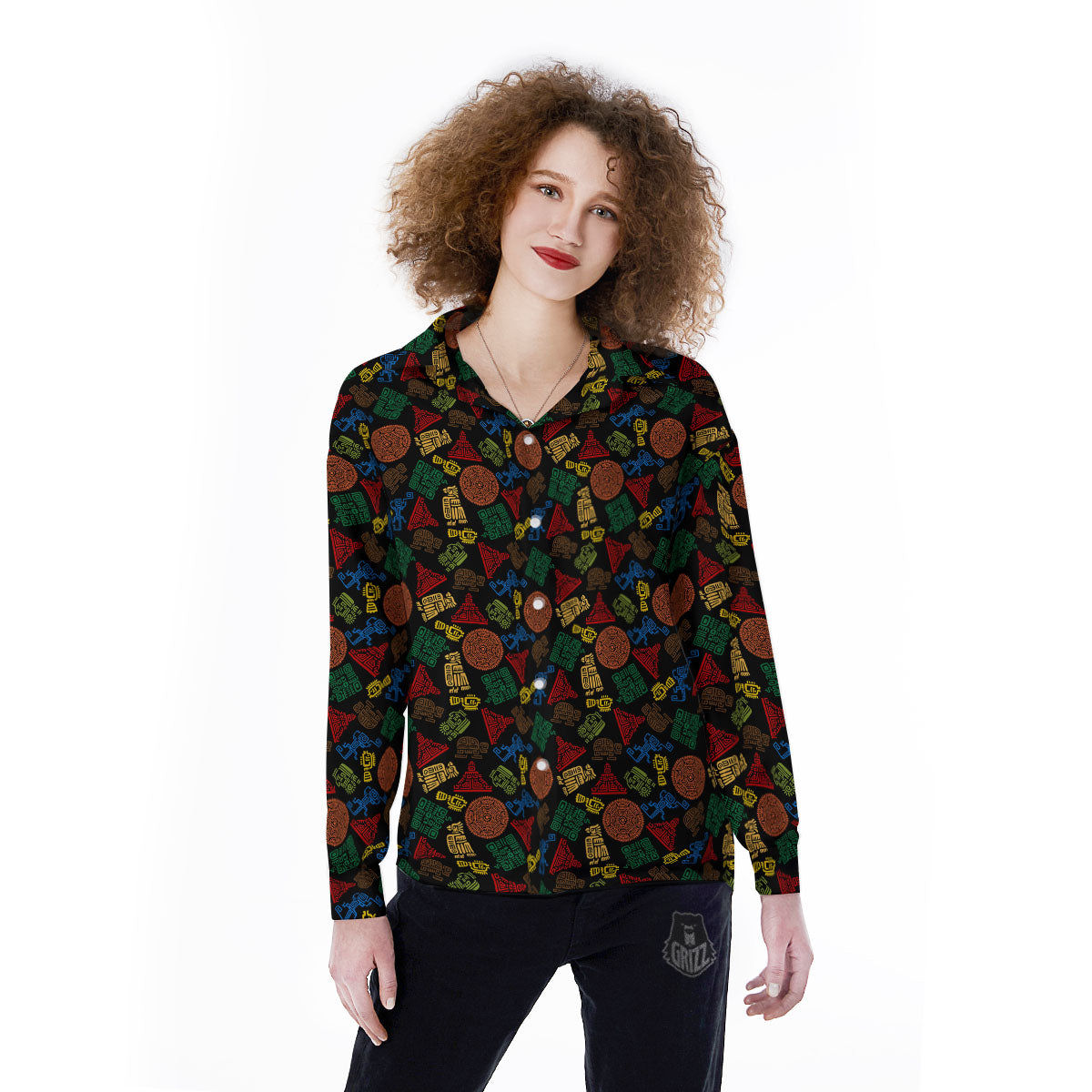 Maya Colorful Print Pattern Women's Long Sleeve Shirts-grizzshop