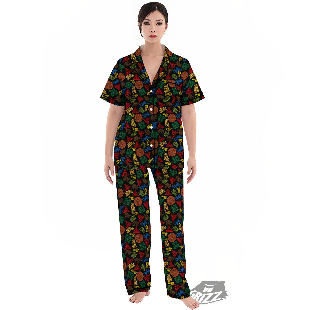 Maya Colorful Print Pattern Women's Pajamas Set-grizzshop