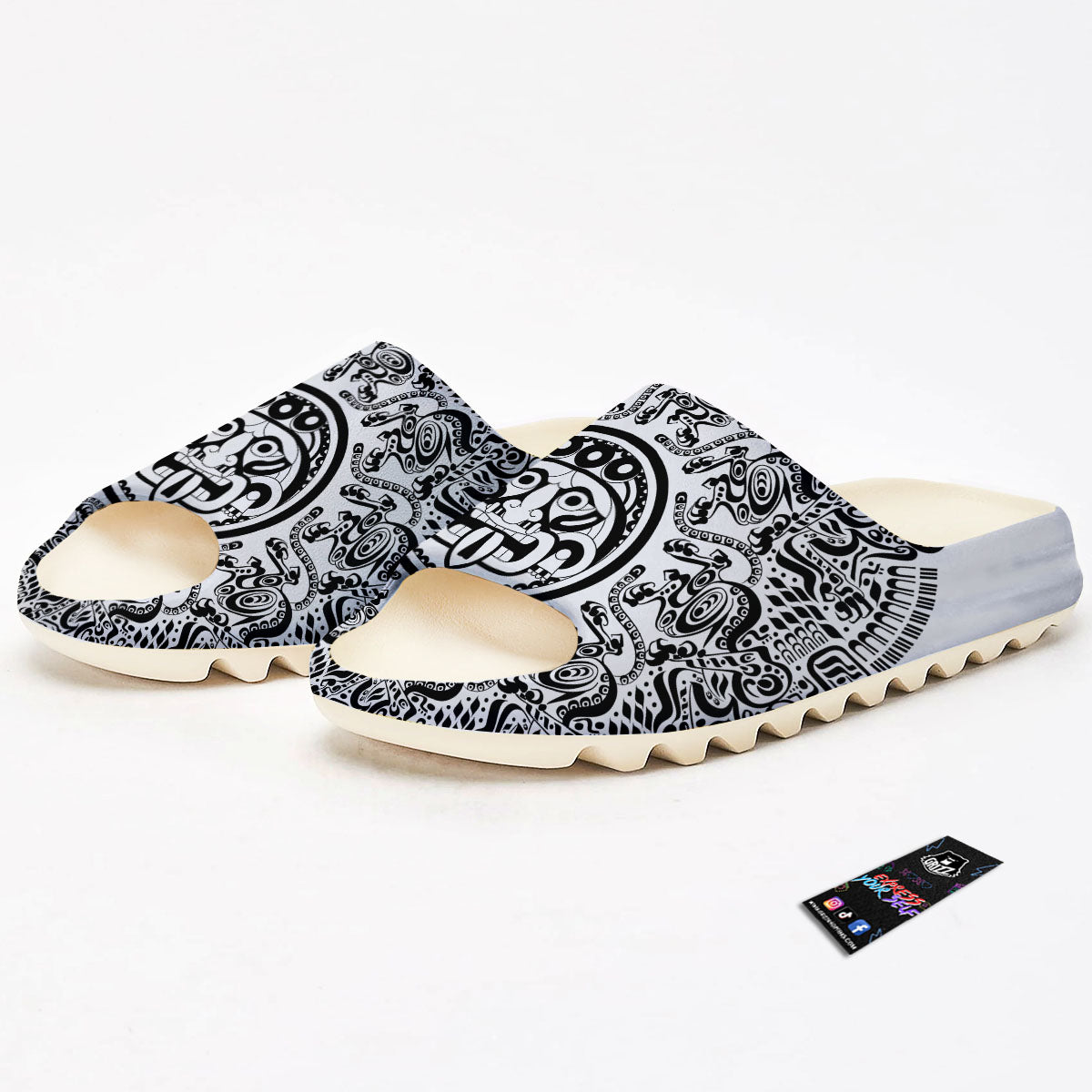 Maya Calendar White And Black Print Sandals-grizzshop