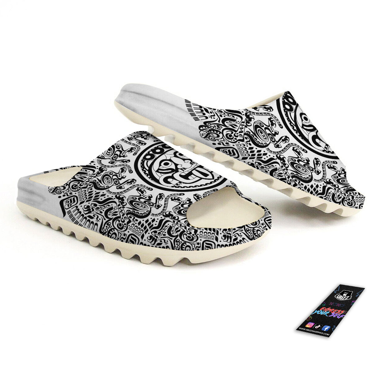 Maya Calendar White And Black Print Sandals-grizzshop