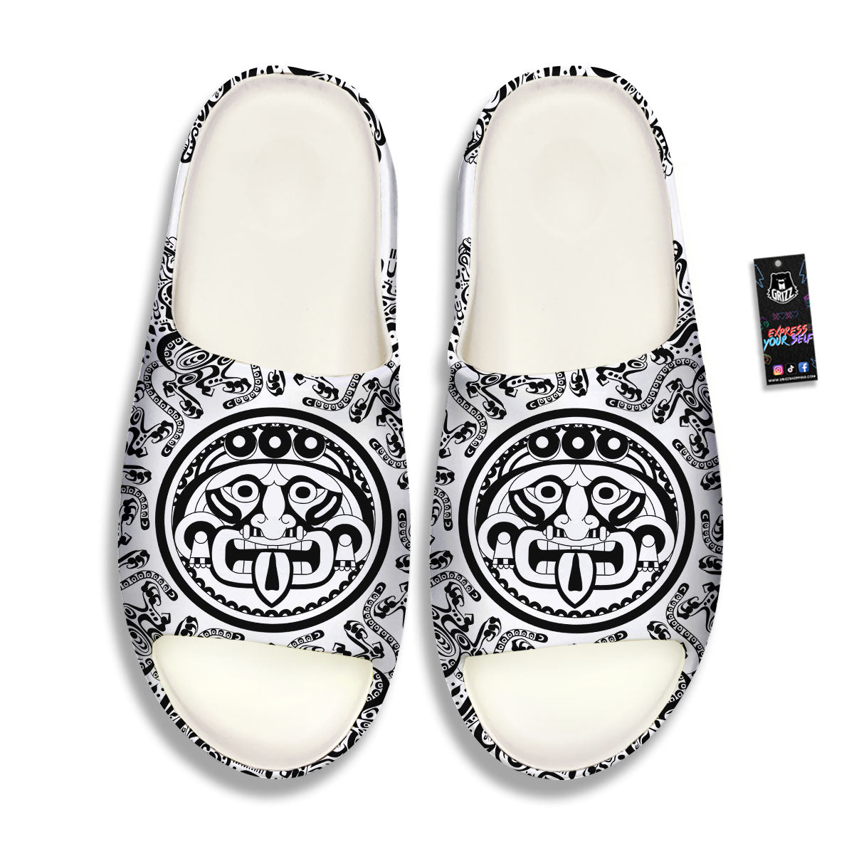 Maya Calendar White And Black Print Sandals-grizzshop