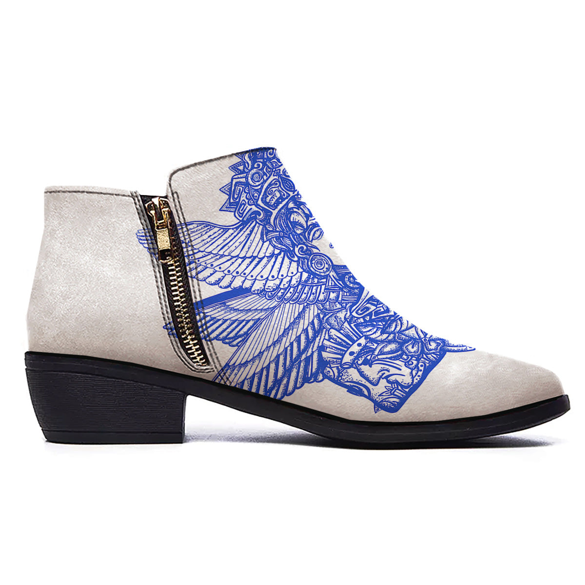 Mayan Statue White And Blue Print Ankle Boots-grizzshop