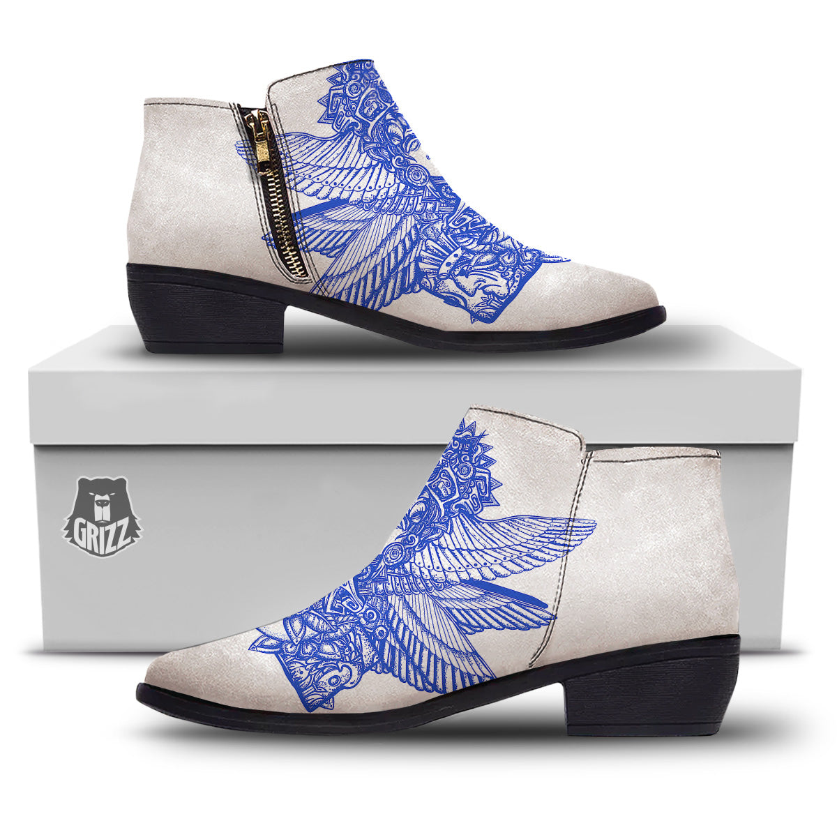 Mayan Statue White And Blue Print Ankle Boots-grizzshop