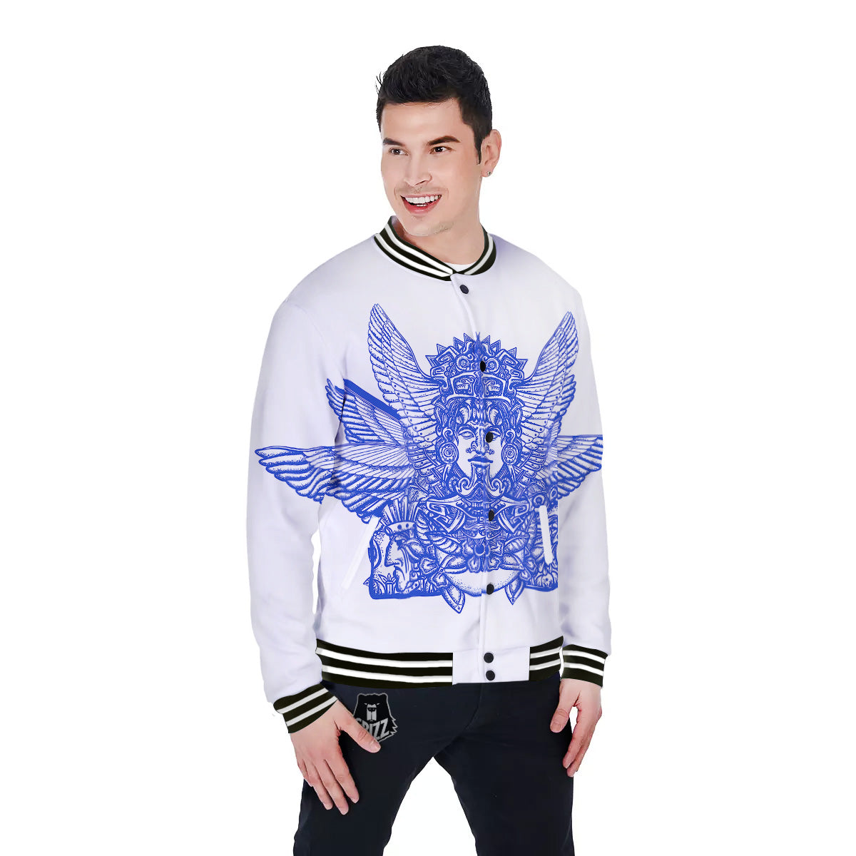 Mayan Statue White And Blue Print Baseball Jacket-grizzshop