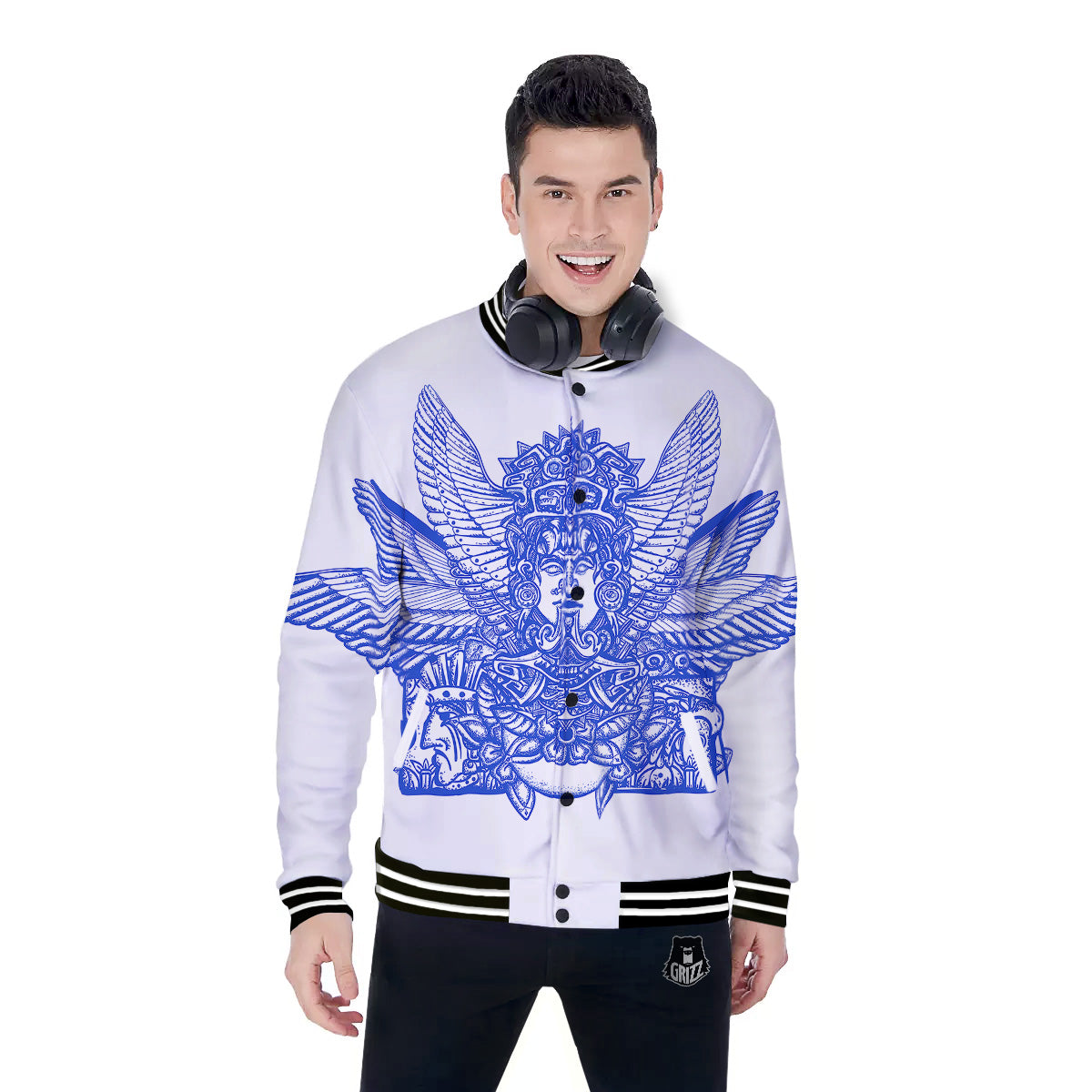 Mayan Statue White And Blue Print Baseball Jacket-grizzshop