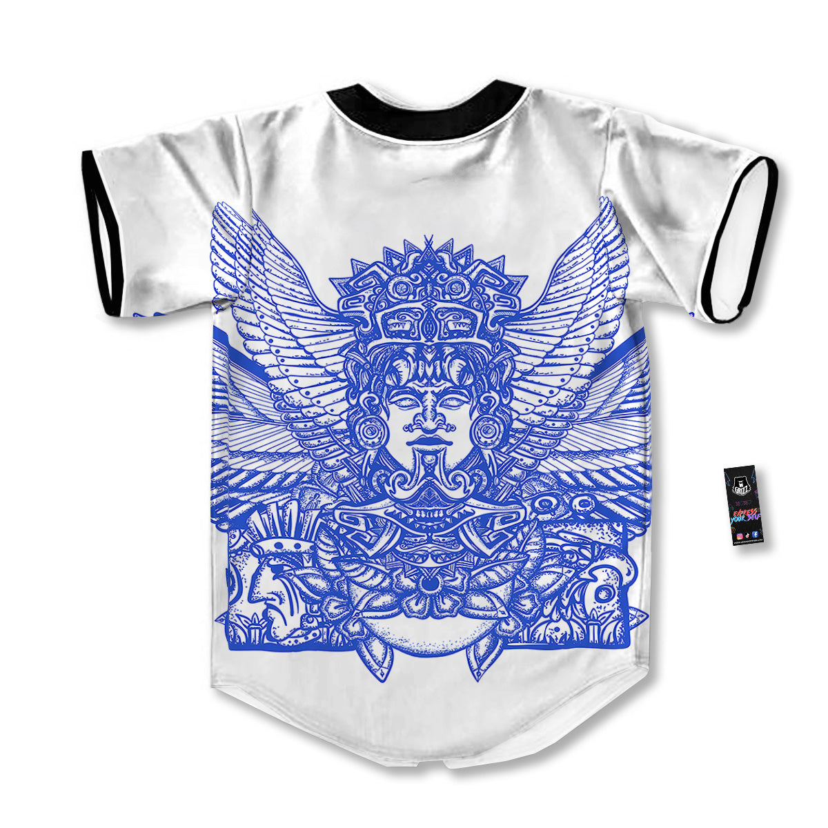 Mayan Statue White And Blue Print Baseball Jersey-grizzshop