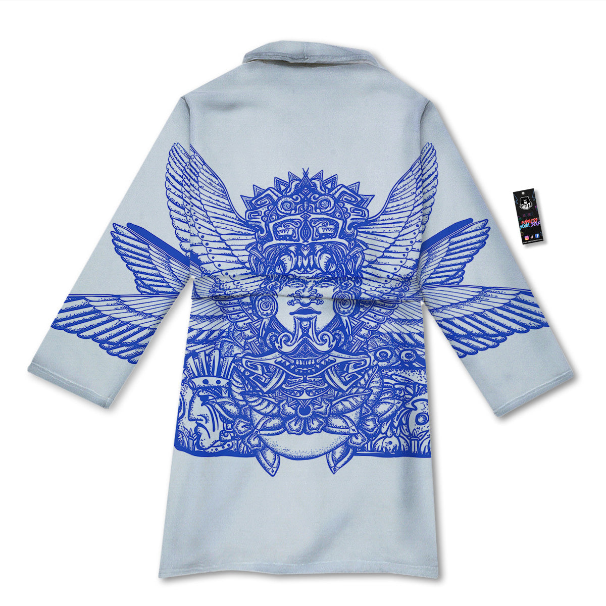 Mayan Statue White And Blue Print Bathrobe-grizzshop