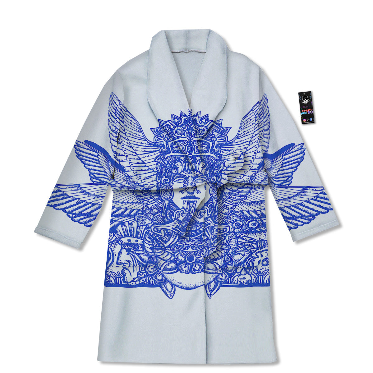 Mayan Statue White And Blue Print Bathrobe-grizzshop