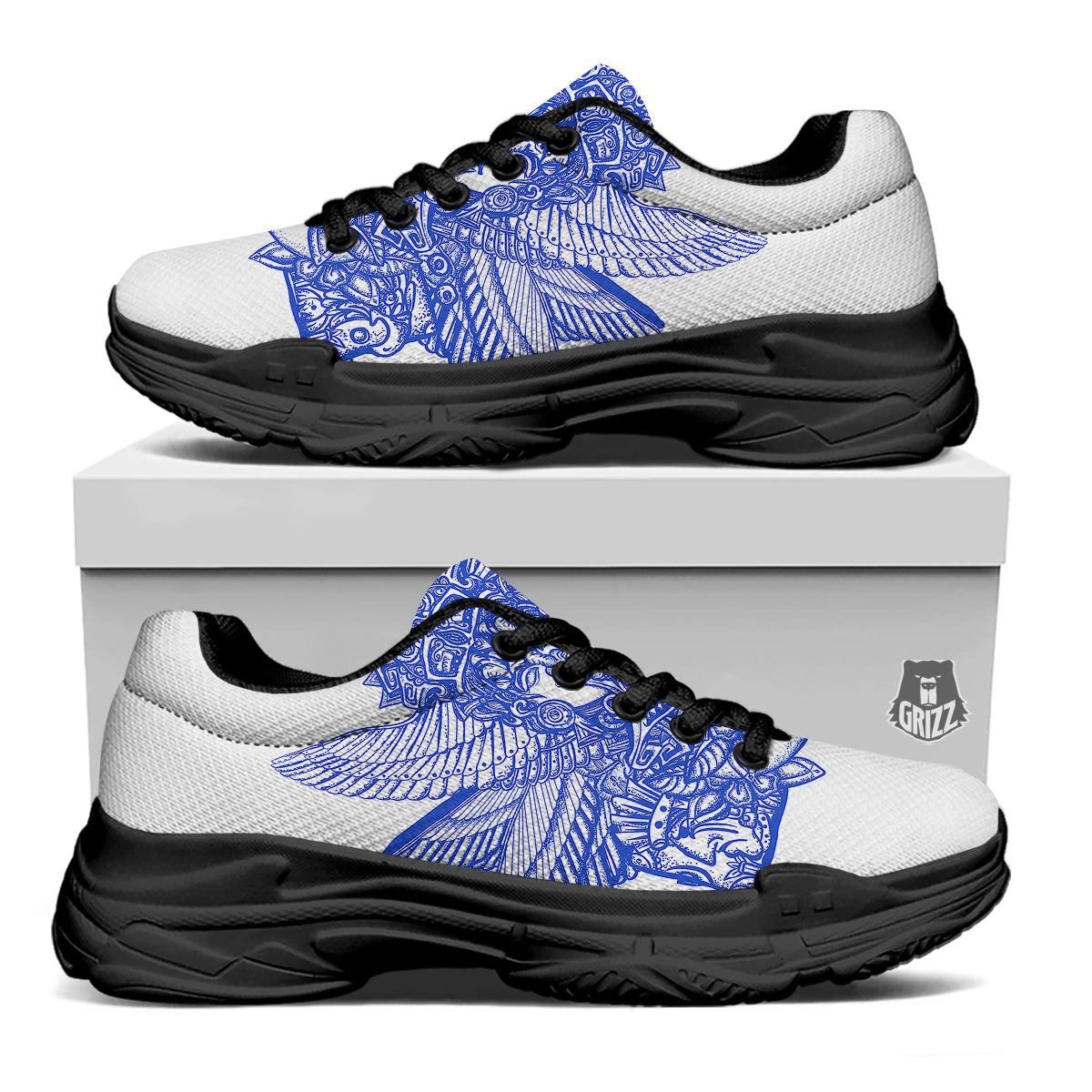 Mayan Statue White And Blue Print Black Chunky Shoes-grizzshop