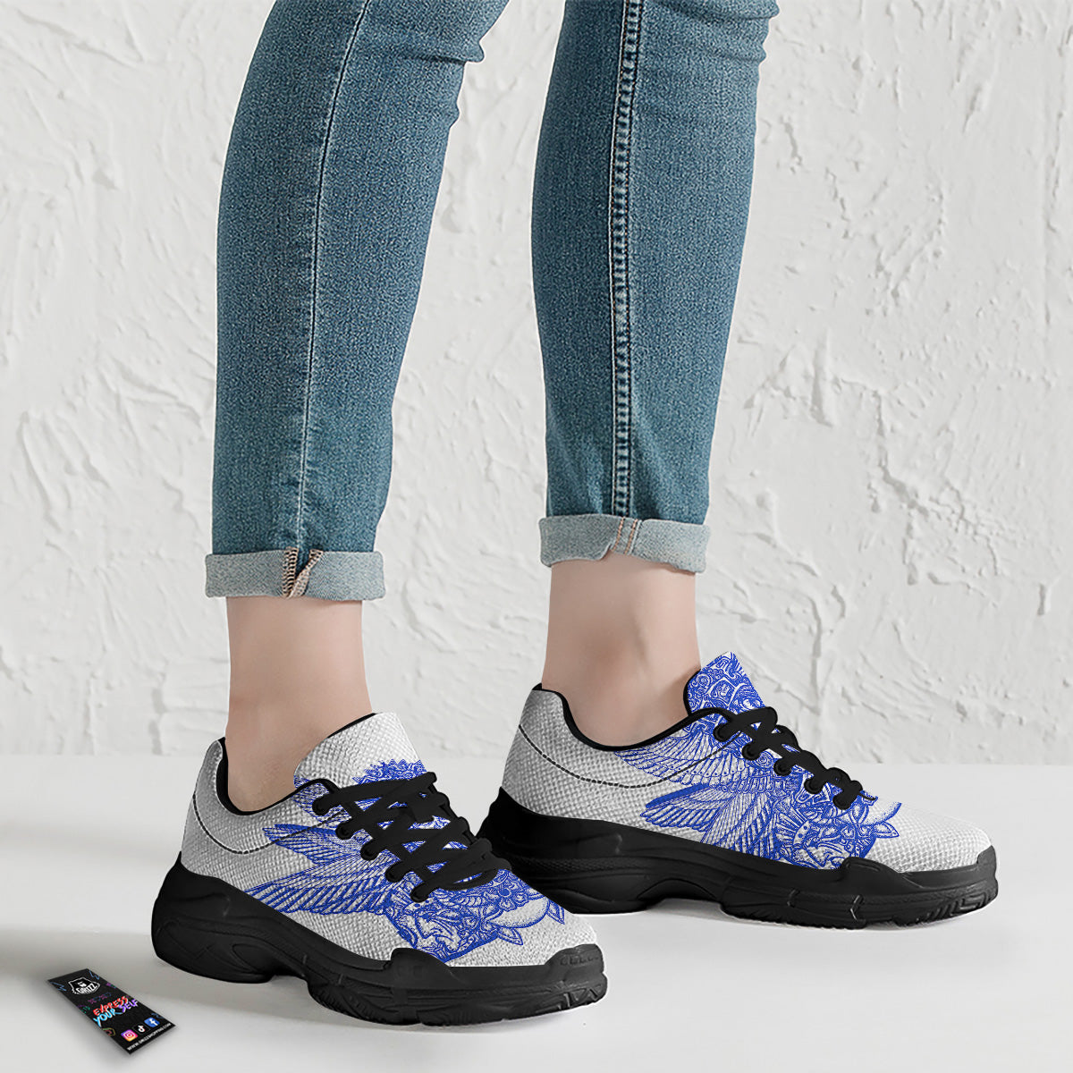 Mayan Statue White And Blue Print Black Chunky Shoes-grizzshop
