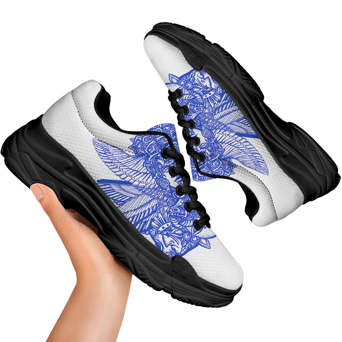 Mayan Statue White And Blue Print Black Chunky Shoes-grizzshop