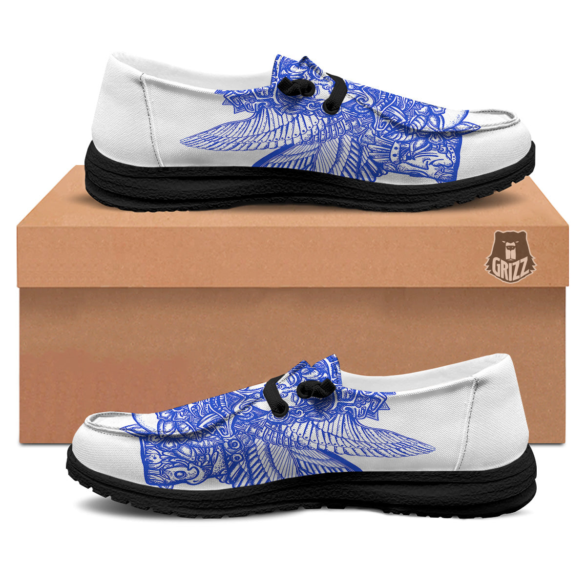 Mayan Statue White And Blue Print Black Loafers-grizzshop