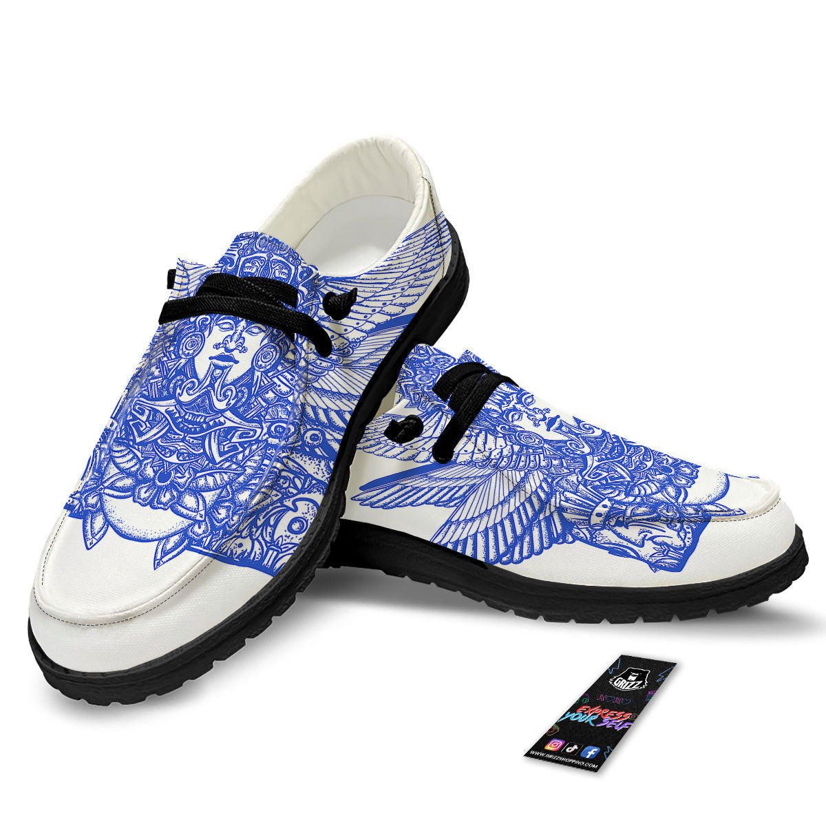 Mayan Statue White And Blue Print Black Loafers-grizzshop
