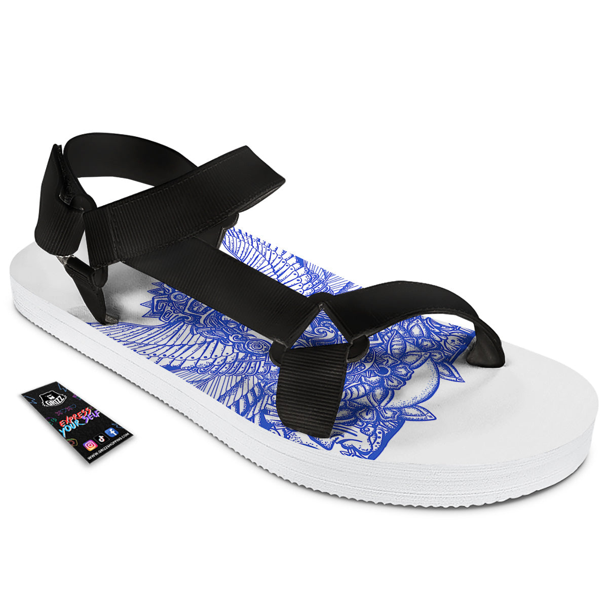Mayan Statue White And Blue Print Black Open Toe Sandals-grizzshop