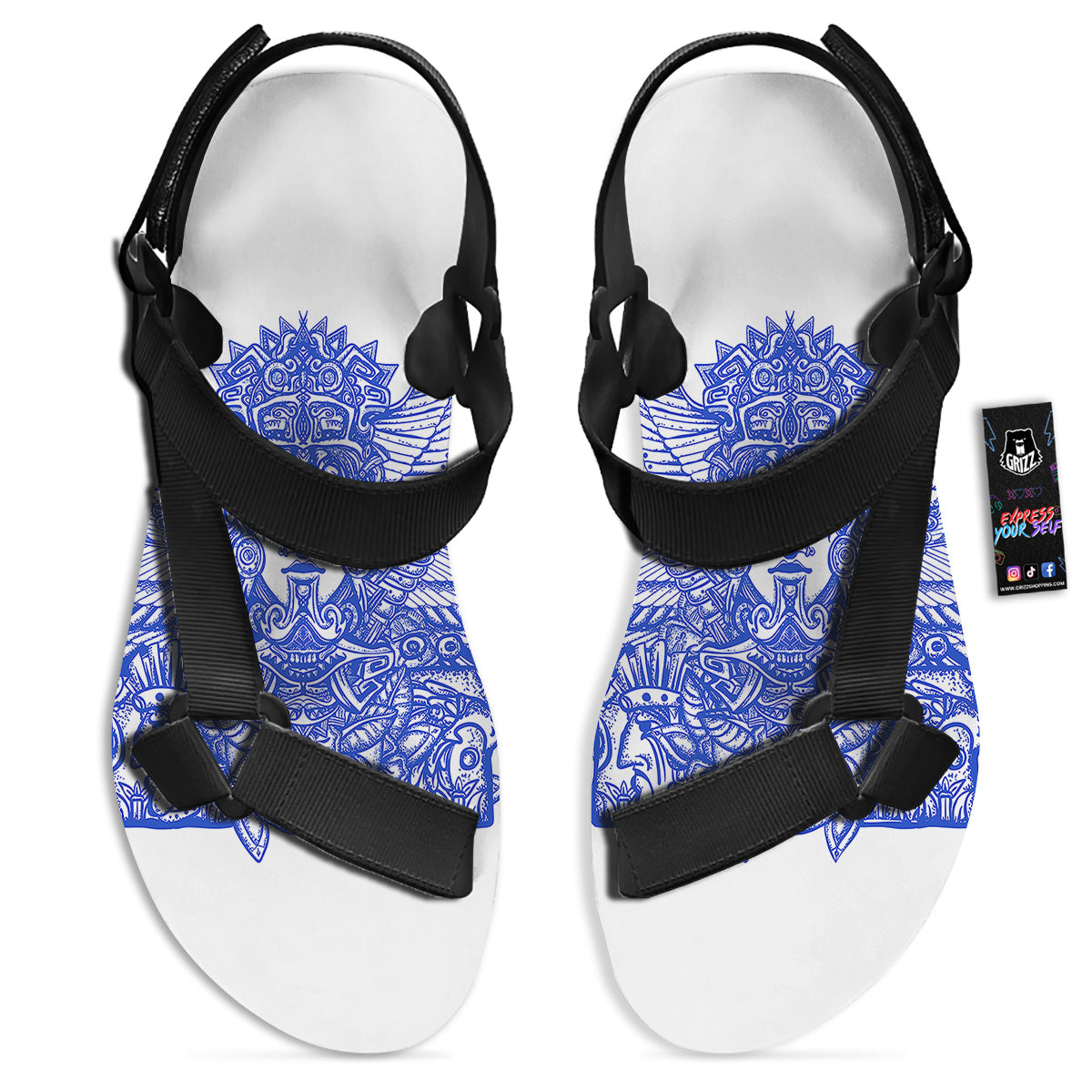 Mayan Statue White And Blue Print Black Open Toe Sandals-grizzshop