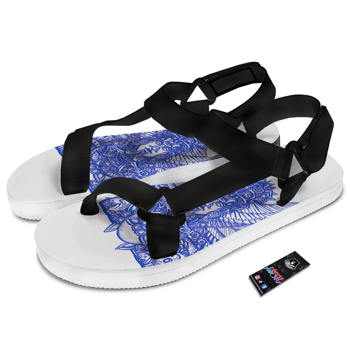 Mayan Statue White And Blue Print Black Open Toe Sandals-grizzshop
