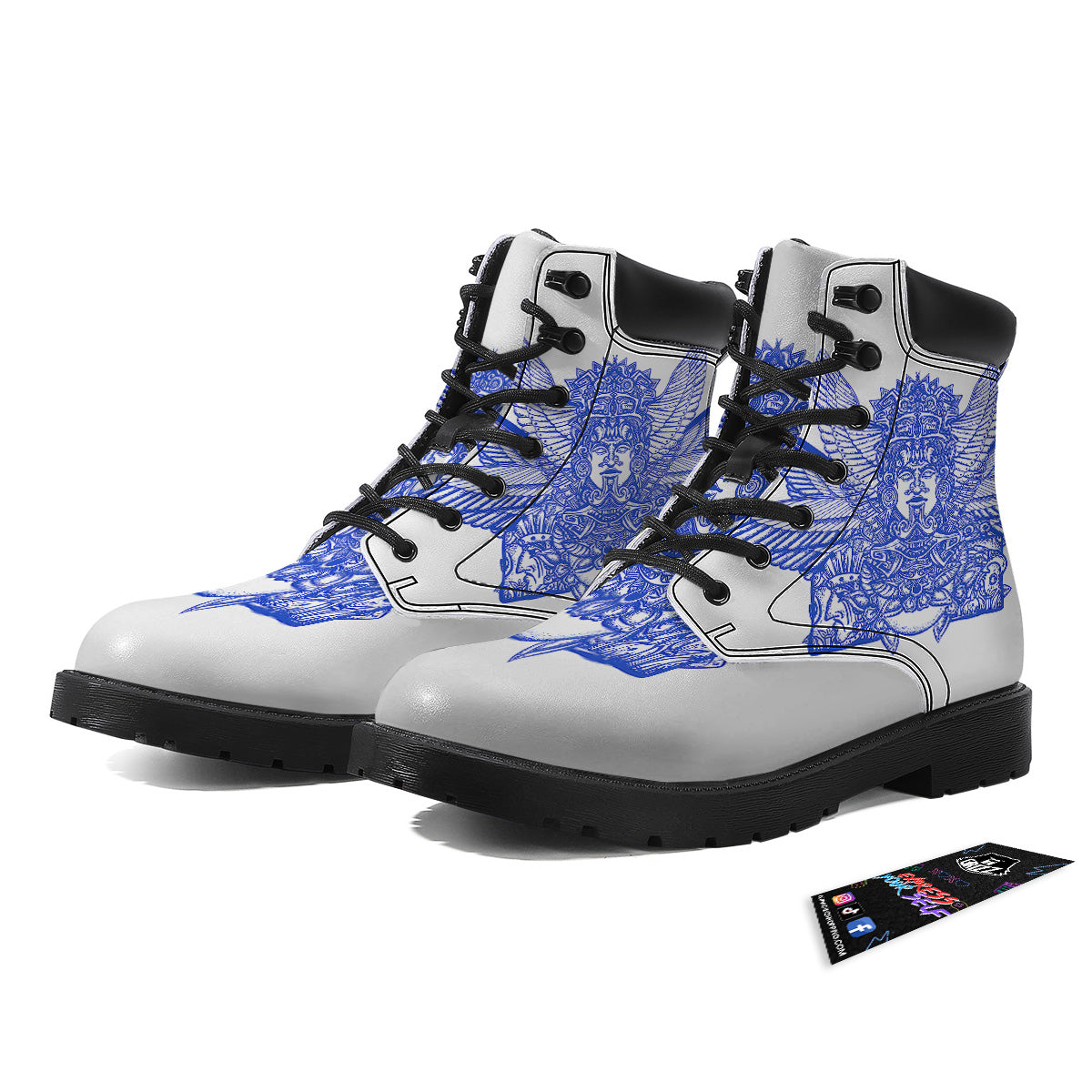 Mayan Statue White And Blue Print Boots-grizzshop