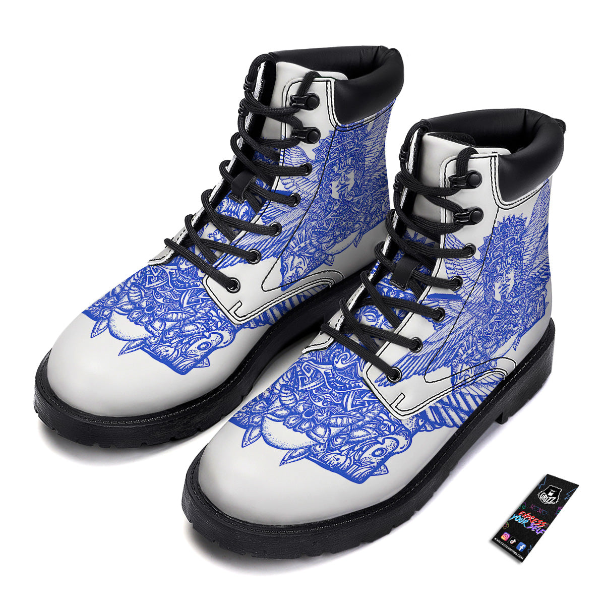 Mayan Statue White And Blue Print Boots-grizzshop