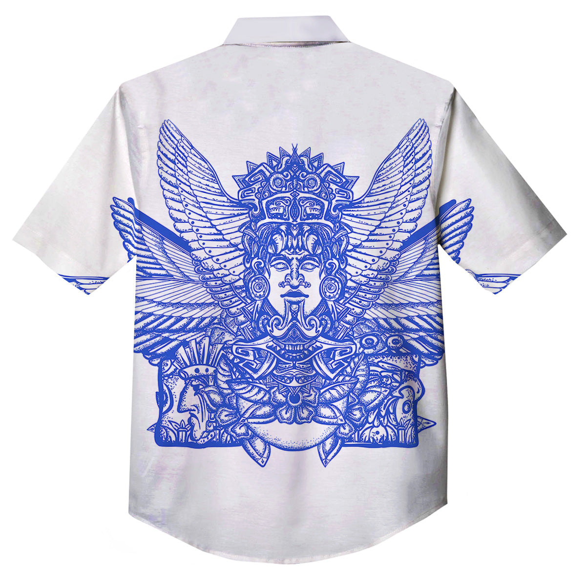 Mayan Statue White And Blue Print Button Up Shirt-grizzshop