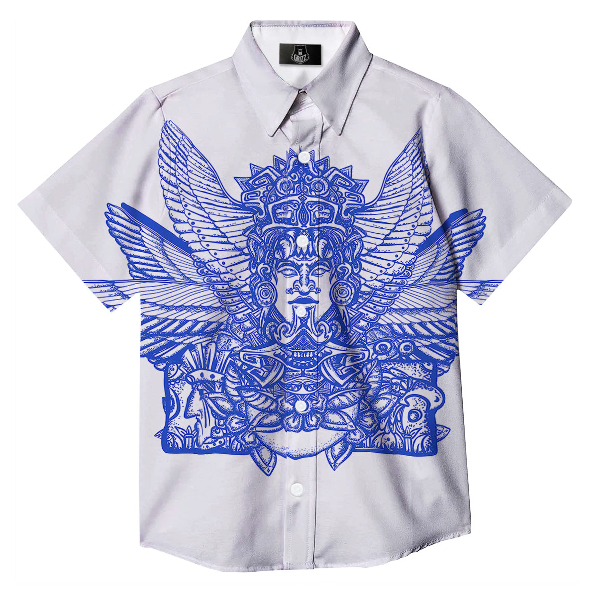 Mayan Statue White And Blue Print Button Up Shirt-grizzshop