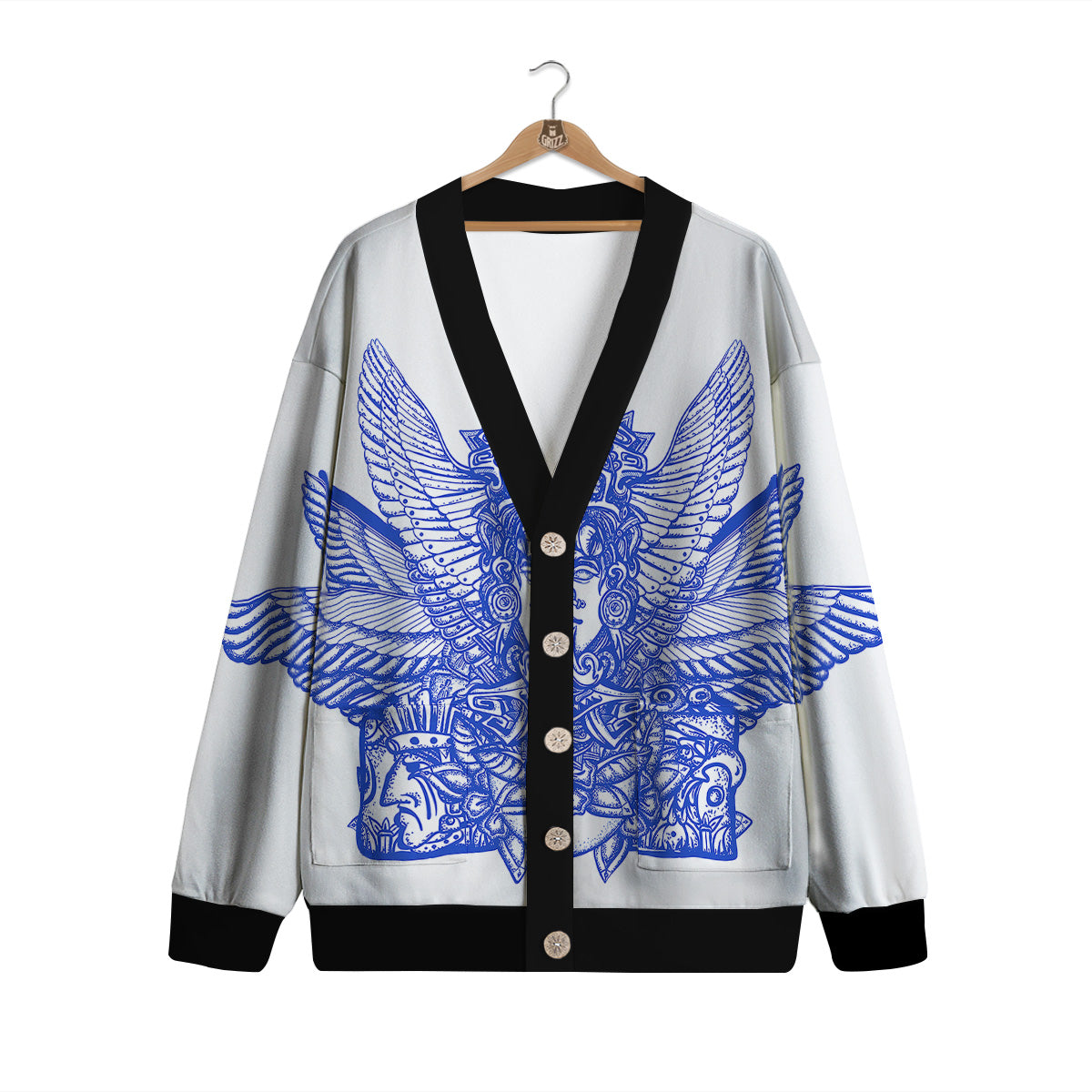 Mayan Statue White And Blue Print Cardigan-grizzshop